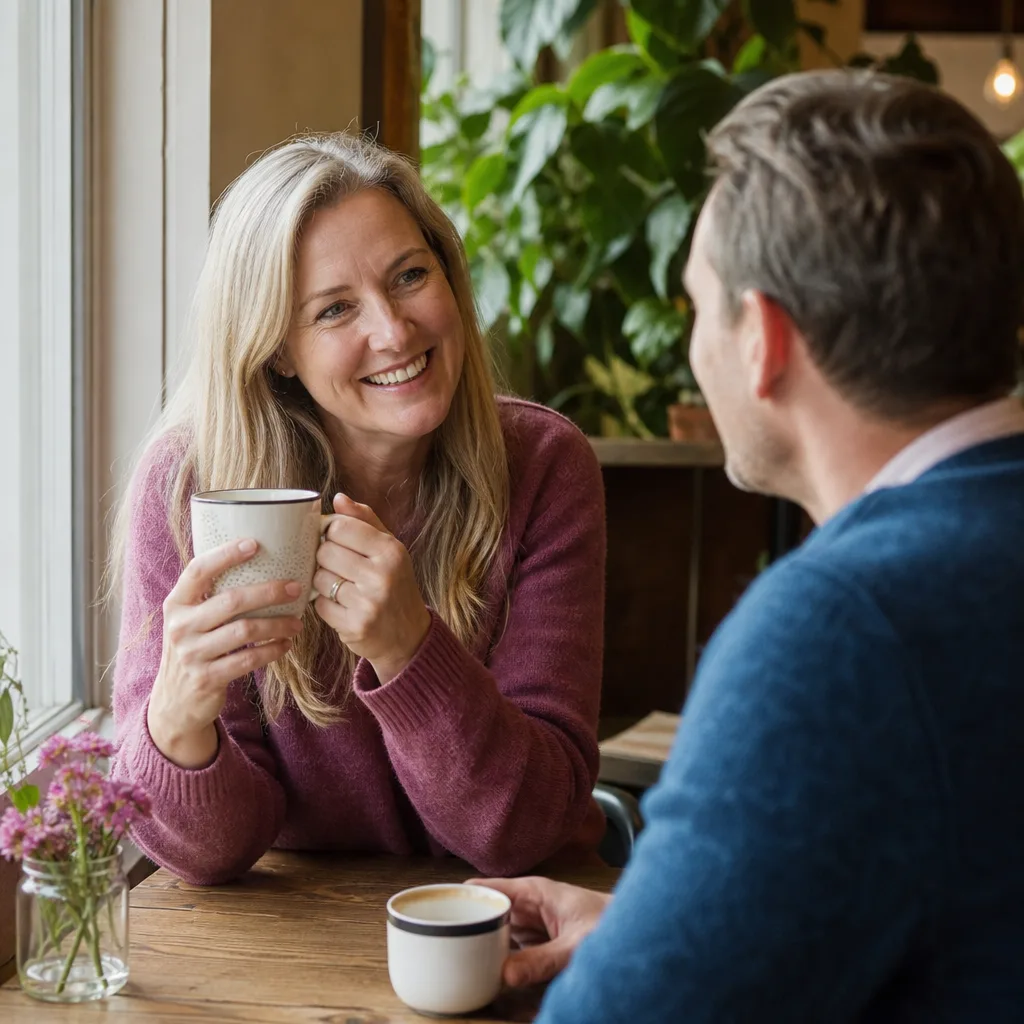Smiling adult choosing clear photographs for a Clwyd dating profile